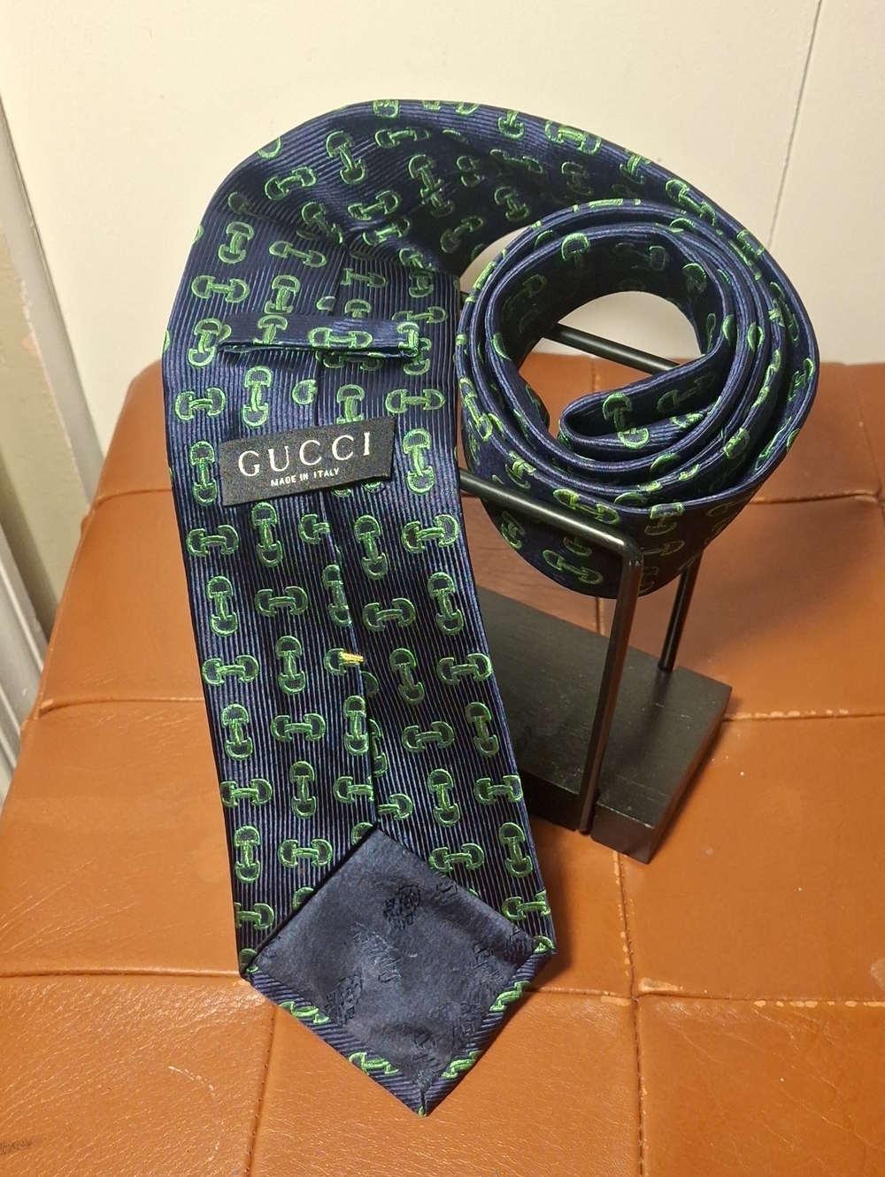 Gucci Navy Silk Tie with Green Interlocking Pattern
